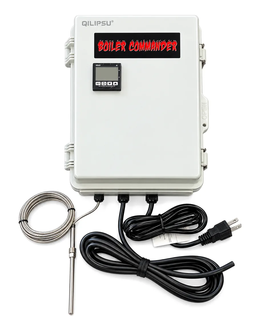 Boiler Commander control box, closed, with a digital temperature controller on the door, a stainless temperature probe on a braided lead, and two cords