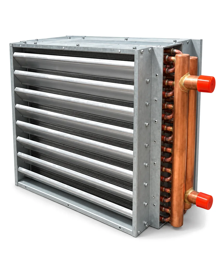 Box fan radiator from the front, showing the louvres over the coil and the copper headers on the side