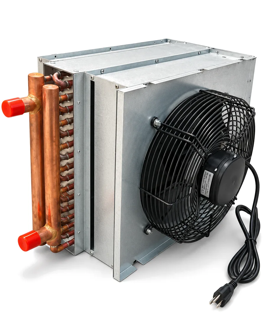 Box fan radiator with copper headers and red caps on the side, and a black fan with a plug-in cord on the back