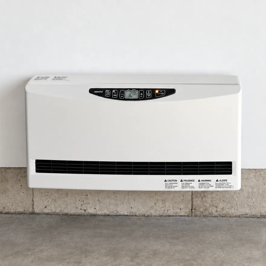 Toyotomi wall heater mounted on a white wall above a concrete floor