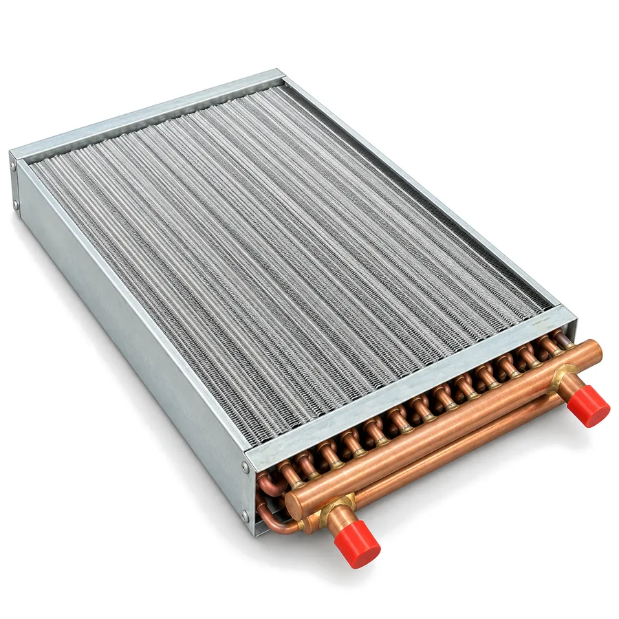 Water-to-air heat exchanger: a flat finned coil in a metal frame, with copper headers and red-capped connections