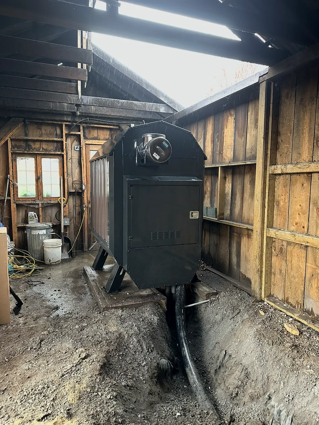 Installed in a barn, with the underground line trenched in